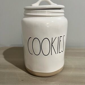 Rae Dunn White and Tan Farmhouse Cookie Jar with Handle Lid